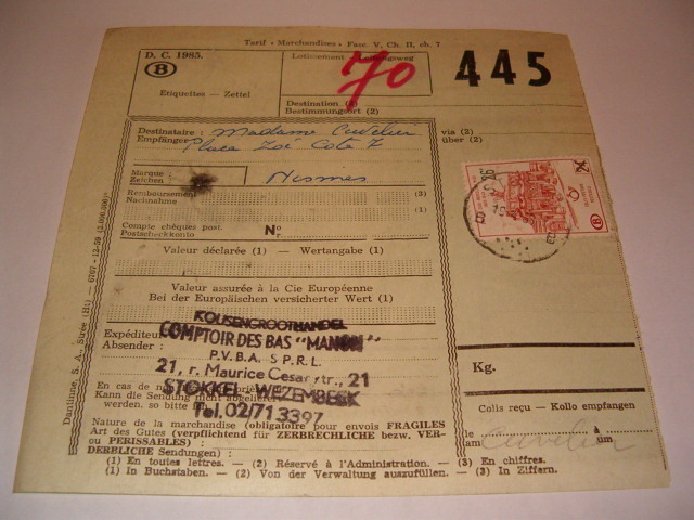 Document SNCB pour envoi de colis no 445 avec timbre oblitéré colis postaux SNCB